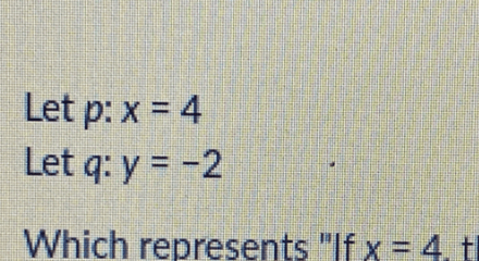 Let P: X = 4 Let Q: Y = −2 Which Represents if X = 4 Then Y = −2”?